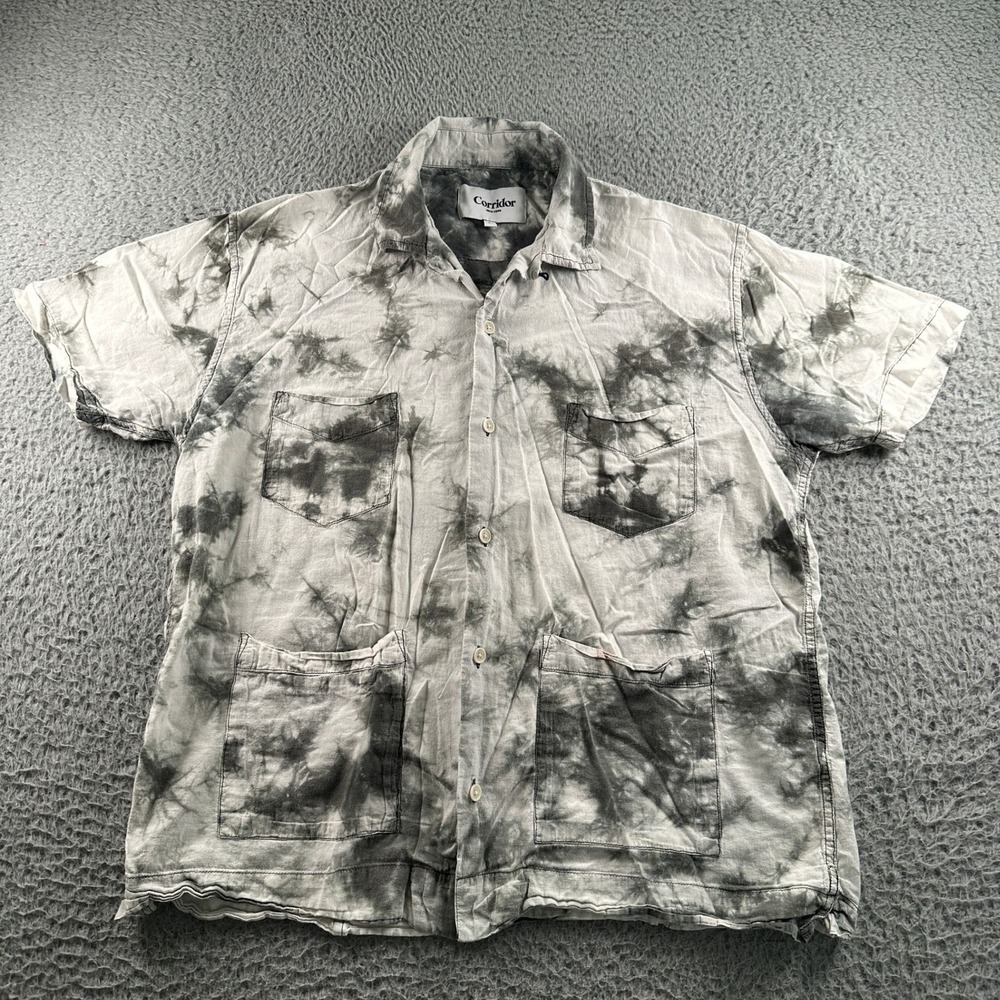 Corridor New York Shirt Mens L Button Tie Dye‎ Gray Cabana Pocket Loop Collar